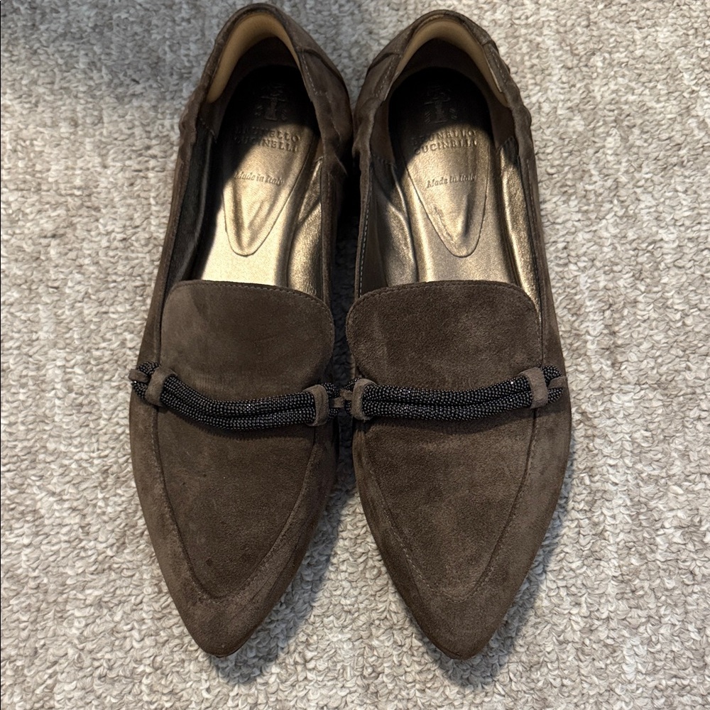 Brunello Cucinelli Brown Suede Loafers with Black Detail - 40